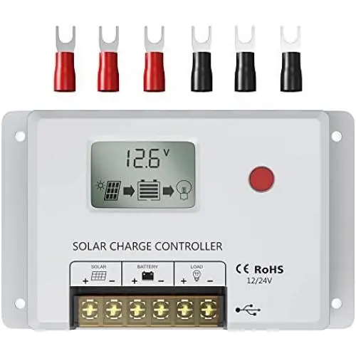 Solar Charge Controller 10A, Bateria Power 12V/24V PWM Solar Controller with LCD Display Dual USB Multiple Load Control Modes for AGM, Gel, Flooded and Lithium Battery, Used in RVs, Boats, Yachts