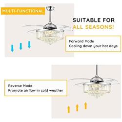 Moooni Modern Dimmable Crystal Fandelier, Retractable Blades Ceiling Fans with Light and Remote, Invisible LED Ceiling Fan Light Kit for Bedroom-Polished Chrome 48 Inches