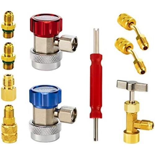 Orion Motor Tech AC Adapter Tool kit, 8-Piece AC Gauge Hose Conversion Adapters Including R134A Can Tap, R134A Quick Couplers, R410 Adapters, Tank Adapter and Valve Core Remover