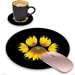 ZOXOHO Round Mouse Pad and Coasters Set, Dog Paw Sunflower Design Mouse Pad, Non-Slip Rubber Base Mouse Pads for Laptop and Computer, Cute Design Desk Accessories