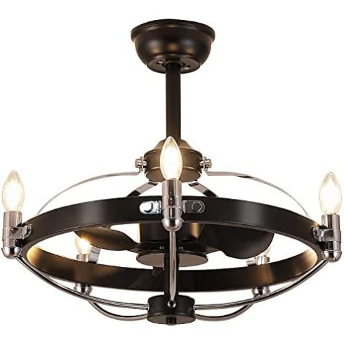 Black Caged Ceiling Fan with Lights Remote Control, MADSHNE 23 Modern Industrial Chandelier Ceiling Fan with Light, Bladeless Ceiling fan Light, DC Motor Reversible