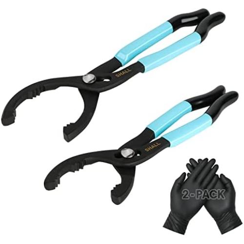SHALL 2-piece Oil Filter Wrench Set, 10 Inch & 12 Inch Adjustable & Heavy-Duty Metal Oil Filter Removal Tool/ Pliers, for Pulling Oil Filters from Cars, Motorcycles, Trucks, 2-Pack PVC Gloves Included