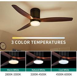 YITAHOME 52 Inch Low Profile Ceiling Fan with Light and Remote, Flush Mount Fan Light with Quiet DC Motor, 3 Colors Light Changing, 6 Speed, Reversible Airflow for Outdoor/Indoor - Black & Walnut