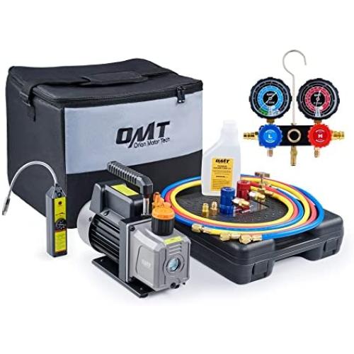 Orion Motor Tech R1234yf AC Gauges and Vacuum Pump, with Leak Detector 5FT Hoses R1234yf can tap R1234yf Quick Couplers, 4 cfm Vacuum Pump and Manifold Gauge Set, 1/3 HP Vacuum Pump R1234yf Gauge Set