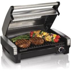 Hamilton Beach Electric Indoor Searing Grill, 6-Serving, Extra-Large Drip Tray, Stainless Steel & 12-Cup Stack & Snap Food Processor & Vegetable Chopper, Black (70725A)