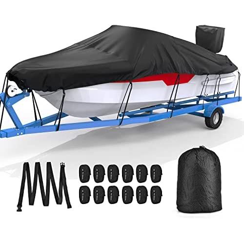Mrrihand Trailerable Boat Cover Waterproof with Motor Cover, Heavy Duty UV Resistant Marine Grade Polyester, Fits V-Hull, TRI-Hull, Runabout Boat (Length: 17-19‘, Beam Width: up to 96