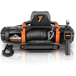 ZESUPER 12V 13500 lb Load Capacity Electric Winch Synthetic Rope Hook Winch Kit Waterproof IP66 Electric Winch with Hawse Fairlead and 2 in 1 Wired Handle and Wireless Remote