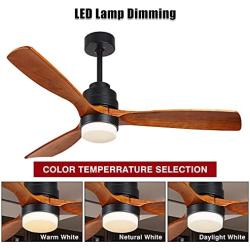 ALUOCYI Outdoor Wood Ceiling Fan with Lights and Remote, 52 inch, 3 Solid Wood Blades,Noiseless Reversible DC Motor Low profile Ceiling fans for Living room, Bedroom, kitchen, Patio, F3601, Brown