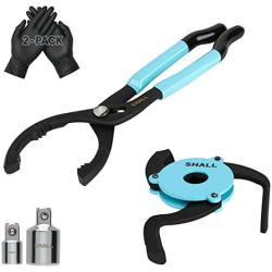 SHALL 4PC Oil Filter Removal Set, Universal 3-Jaw Oil Filter Wrench, 12 Inch Adjustable Metal Oil Filter Plier, 2PC Adapters, for Pulling Oil Filters from Cars, Motorcycles, 2-Pack PVC Gloves Included