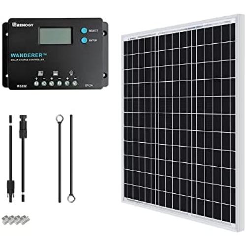 Renogy 50 Watt 12V Solar Panel 10A 12/24V PWM LCD Charge Controller, Adaptor kit, Tray Cables, 50W, 5V USB Ports, for RVs,Boats,Trailers,Sheds,Cabins and Any Off Grid System