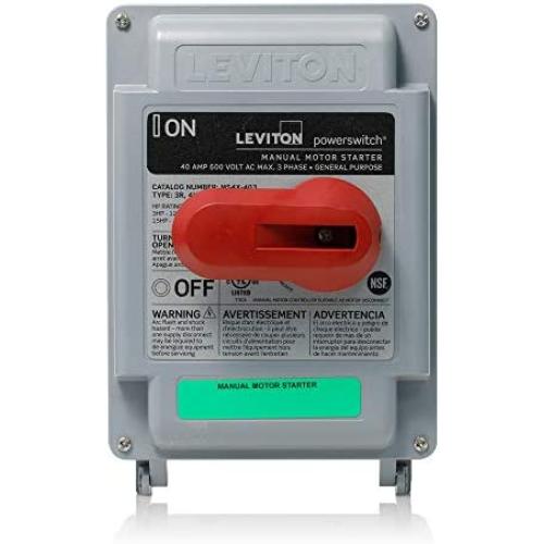 Leviton MS4X-403 40 Amp, 600 VAC, 3-Pole, Non-Fused Manual Motor Starter, Suitable as Motor Disconnect,, Type 4X Thermoplastic Enclosure, IP67-Watertight