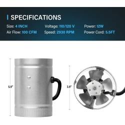 iPower 4 Inch 100 CFM Booster Fan Inline Duct Vent Blower with Variable Speed Controller Adjuster, Intake 5.5 Grounded Power Cord for HVAC Exhaust, Low Noise, Silver