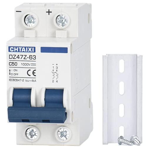 DC Miniature Circuit Breaker, 2 Pole 1000V 50 Amp Isolator for Solar PV System, Thermal Magnetic Trip, DIN Rail Mount, Chtaixi DC Disconnect Switch C50