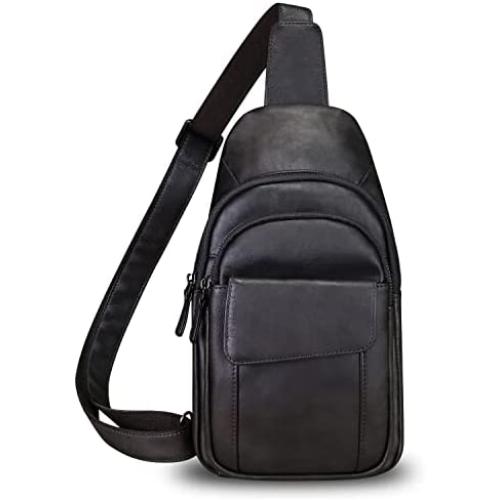 Genuine Leather Sling Bag Crossbody Motorcycle Bag Handmade Chest Bag Hiking Daypack Retro Shoulder Backpack (Darkgrey)