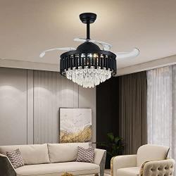 42 Inches Black Ceiling Fan,Invisible Blades Crystal Fandelier Modern Remote Control 6 Speeds Set Retractable Ceiling Fan Chandelier Lighting for Dinning Room Bedroom Living Room (Dimmable)