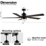 WINGBO 64 Inch DC Ceiling Fan with Lights and Remote Control, 5 Reversible Carved Wood Blades, 6-Speed Noiseless DC Motor, Modern Ceiling Fan in Matte Black Finish with Walnut Blades, ETL Listed