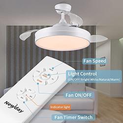 Retractable Ceiling Fan, Newday 42 inch Bladeless Ceiling Fan with Light and Remote Control, Modern Ceiling Fan with Retractable Blades, Quiet Motor, Timer, Ceiling Fans for Bedroom, Kitchen (White)