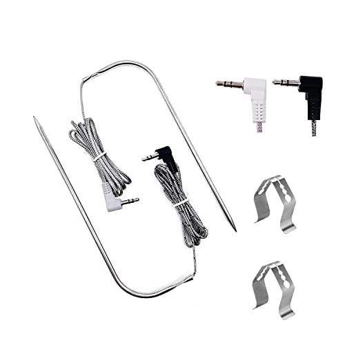 Replacement Meat Probes for Traeger Pellet Grills, 2PCs Waterproof BBQ Meat Temperature Probes with 2PCs Stainless Steel Probe Clip Holders, 3.5mm Plug
