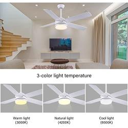 CJOY Ceiling Fan with Lights, 52 Inch Modern Ceiling Fan with Remote Controls for Indoor bedroom farmhouse,4 Reversible Blades, 3000/4200/6000K,White