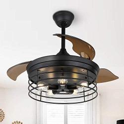 36 Industrial Retractable Ceiling Fan, ceiling fan with retractable blades, remote control, 3 speed, silent motor, Black (Bulb Not Included)