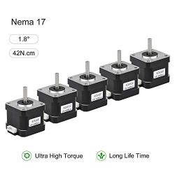 RTELLIGENT Nema 17 Stepper Motor 5PCS, 2 Phase Step Motor Bipolar 1.5A 59.5oz.in(42Ncm) 42x42x38mm 4-Wire 30cm Long Cable for 3D Printer (5, 42A02C-XH2.54)