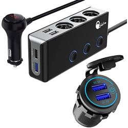 [Upgraded Version] Quick Charge 3.0 Cigarette Lighter Splitter + Quick Charge 3.0 Dual USB Charger Socket 12V/24V USB QC 3.0 Charger for Car, Golf Cart, Boat, RV, Motorcycle, Truck and More