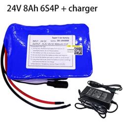 Jieoto Electric Bike Battery, 24V 8Ah Lithium-Ion Battery, 6S 4P 25.2V 8000mAh Lithium Battery Pack, with BMS and Charger, for 500W Electric Bike Scooter Motor