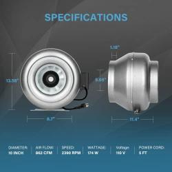 iPower 10 Inch Inline Duct, 862 CFM Fan with Variable Speed Controller, for Hydroponics/Grow Tent/Indoor Garden Ventilation, 10