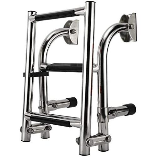 Artilife Boat Foldable Stainless Steel 3 Step Ladder Marine Pontoon Ladder Polished 2 + 1 Step with Rubber Grip & Mounting Screws