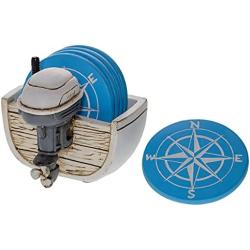 Pine Ridge Outboard Boat Motor Drink Coaster Set - Nautical Star Compass Design Coasters with Boat Motor Holder - Coffee Table Coaster Set of 5 with Rubber Pads