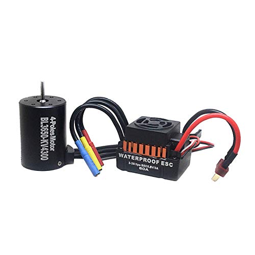 B3650 Upgrade Waterproof 4300KV Sensorless Brushless Motor with 60A ESC Electronic Speed Controller Combo Set for 1/10 RC Car, Mutiple Protection Features, 4 Pole 12 Slot High-torque, Bulit-in 5.8V/3A