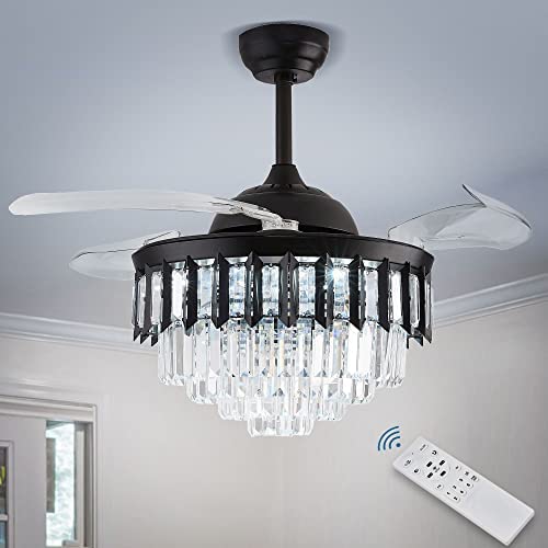 Cainjiazh Crystal LED Ceiling Fans with Lights and Remote Controller 42 Inches Modern Fandelier Ceiling Lighting Fixture Crystal Fan Light Kit for Bedroom Dinning Room Living Room (Black)