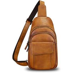 Genuine Leather Sling Bag Crossbody Motorcycle Bag Handmade Chest Bag Hiking Daypack Retro Shoulder Backpack (Brown)