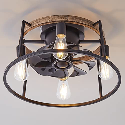 Recessed Remote Control Ceiling Fan With Light, Industrial Black Ceiling Fan, 3 Speed Reversible Motor, Suitable For Living Room, Bedroom, Church, etc. (Without Bulb Base)