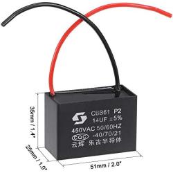 uxcell Ceiling Fan Capacitor CBB61 14uF 450V AC 2 Wires Metallized Polypropylene Film Capacitor 51x35x25mm for Electric Fan Pump Motor Generator