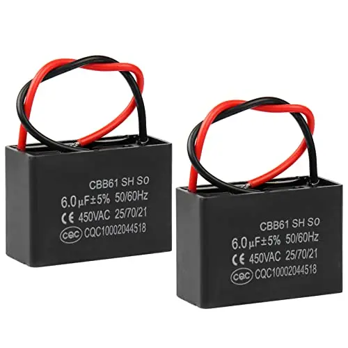 BEEYUIHF CBB61 Fan Capacitor 6.0UF 450V AC 50/60Hz 2 Wire for Fan/Ceiling Fan Motor Start Run Capacitance(Pack of 2Pcs)