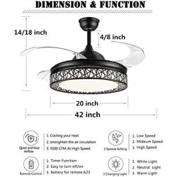 Fandian 42Inch Modern Ceiling Fans with Light Retractable Blades LED Ceiling Fan 3 Color Change 3 Speeds Chandelier Remote Control Fandelier for Living/bBedroom (Black)