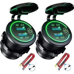 Quick Charge 3.0 Dual USB Charger Socket, Waterproof 12V/24V USB Outlet QC3.0 Fast Charger Socket with Touch Switch DIY Kit for Car, Golf Cart, Marine, Boat, RV, Motorcycle, Truck,etc(Green-2Pack)