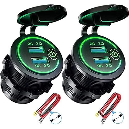 Quick Charge 3.0 Dual USB Charger Socket, Waterproof 12V/24V USB Outlet QC3.0 Fast Charger Socket with Touch Switch DIY Kit for Car, Golf Cart, Marine, Boat, RV, Motorcycle, Truck,etc(Green-2Pack)