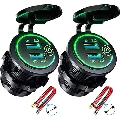 Quick Charge 3.0 Dual USB Charger Socket, Waterproof 12V/24V USB Outlet QC3.0 Fast Charger Socket with Touch Switch DIY Kit for Car, Golf Cart, Marine, Boat, RV, Motorcycle, Truck,etc(Green-2Pack)