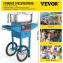 VBENLEM Cotton Candy Machine with Cart Commercial Floss Maker Perfect for Family and Various Party, 19.7 Inch, Blue