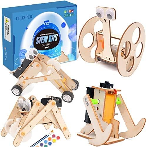 4 Wooden Motor Robotic Science Kits, DIY STEM Toys for Kids, Building Science Experiment Kits for Boys and Girls
