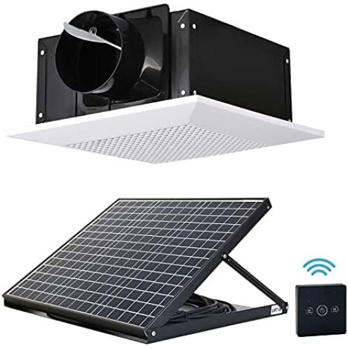 SIPLCN 12 Solar Ceiling Exhaust Fan with Remote Control, Quiet Ventilation System with Dual Power Supplies, 26ft Long Hose & Vent Cover, Efficient Brushless DC Motor, 178CFM, White Square Grille