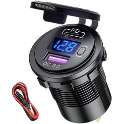 PD Type C USB Car Charger Socket and QC 3.0 Quick Charger Car Power Outlet Socket with ON/Off Switch and LED Voltmeter Waterproof 12V/24V for Motorcycle Marine RV ATV