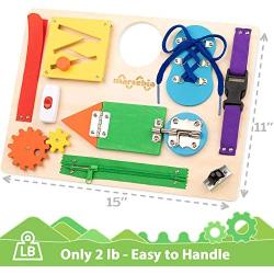 marsebia Montessori Busy Board for Toddlers - Activity Board for Fine Motor Skills, 3 Years Travel Toy with Basic Life Skills Activities - Wooden Sensory Toy for Boys & Girls, Multiple Colors