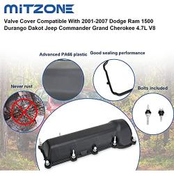 MITZONE Right Side Valve Cover With Gaskte And Bolts Compatible With 2001-2007 Dodge Ram 1500 Durango Dakot Jeep Commander Grand Cherokee 4.7L V8 Replace # 53021828AA 264-929