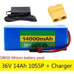 Jieoto 36V 14Ah 10S 5P Lithium Battery Pack E-Bike Lithium-ion Rechargeable Battery for Electric Scooters Electric Tricycles Power Tools Fit for 200W-750W Motor with Charger