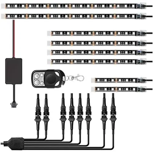 8Pcs Motorcycle LED Light Kit Strips Multi-Color Accent Glow Neon Ground Effect Atmosphere Lights Lamp with Wireless Remote Controller for All Motorcycle Car ATV SUV (8pcs-2020) 8Pcs Motorcycle LED Light Kit Strips Multi-Color Accent Glow Neon Ground Effect Atmosphere Lights Lamp with Wireless Remote Controller for All Motorcycle Car ATV SUV (8pcs-2020)