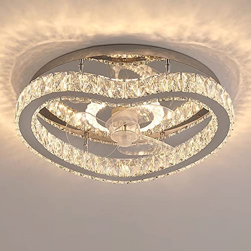 ATELANGE Shining Crystal Ceiling Fan Ceiling Light with Remote Control Creative 3 Colors 3 Speeds Ceiling Fan with Lights Dimmable Low Profile Fan Light Semi Flush Mount Pure Copper Motor for Bedroom