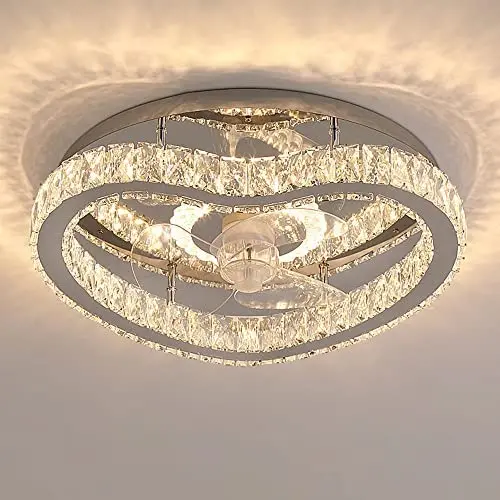 ATELANGE Shining Crystal Ceiling Fan Ceiling Light with Remote Control Creative 3 Colors 3 Speeds Ceiling Fan with Lights Dimmable Low Profile Fan Light Semi Flush Mount Pure Copper Motor for Bedroom